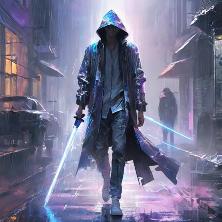 02056-819773561-1man wear holographic clothing,(a dilapidated city_0.8),(a foggy and rainy night_0.8),holding a laser sword,(black_cloud_0.5),(t.png